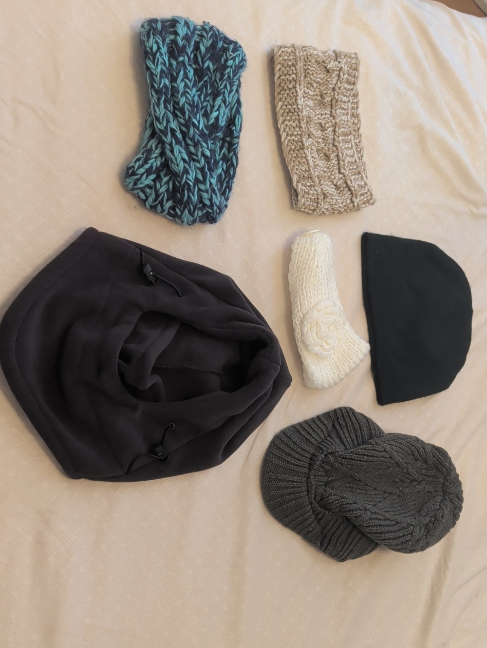 Women’s Black Fleece Hooded Neck Warmer and Mixed Beanie / Headbands Set